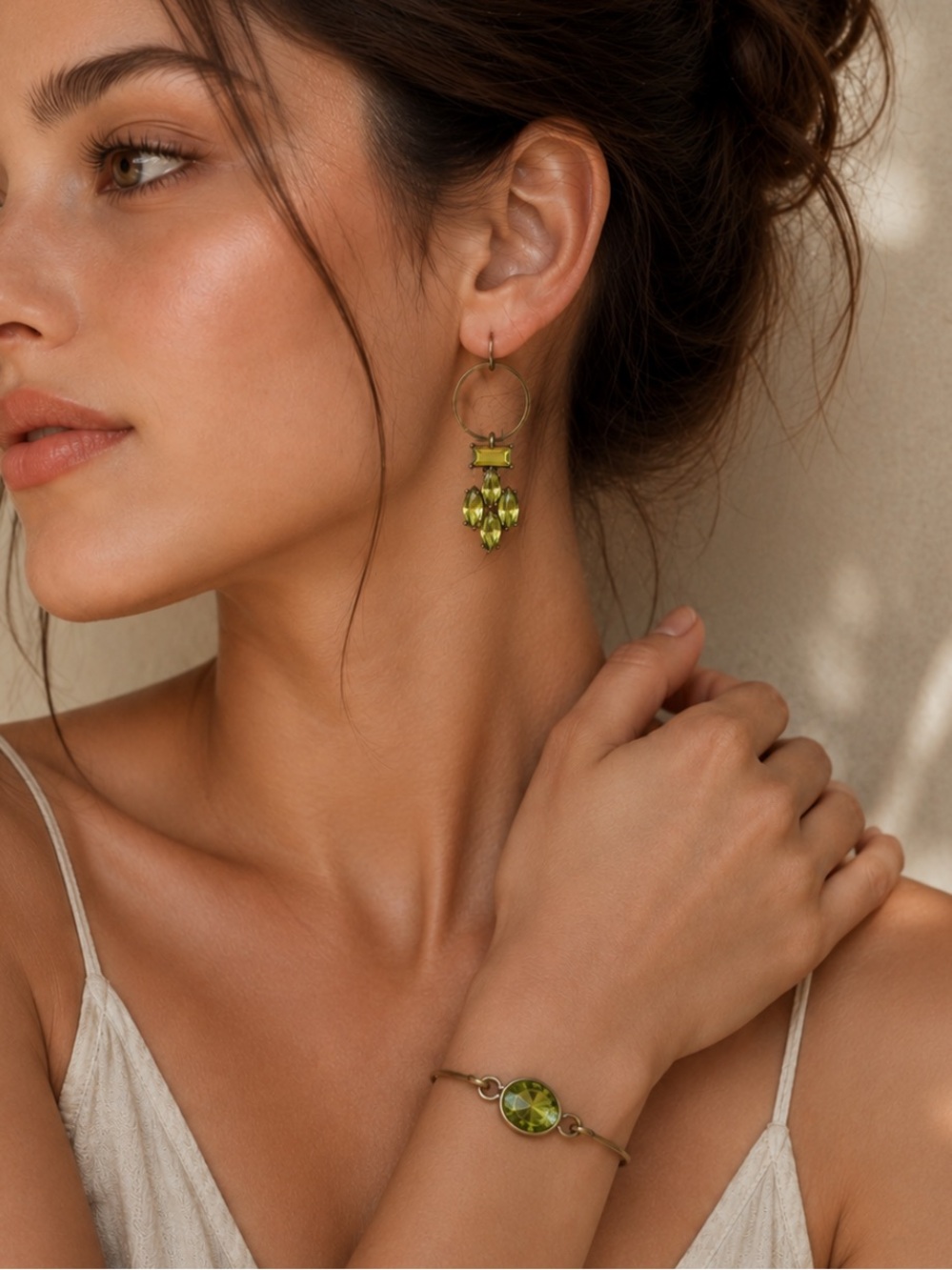 Plunder Olive Green Crystal Hoop Drop Earrings and Bracelet